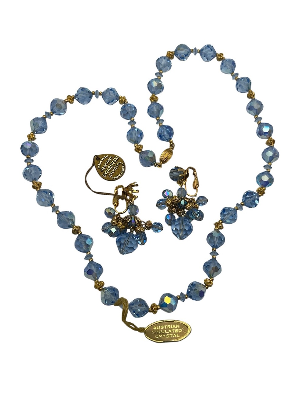 Blue aurora borealis crystal beaded necklace & earrings set Swarovski Austrian